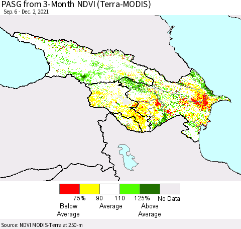 Azerbaijan, Armenia and Georgia PASG from 3-Month NDVI (Terra-MODIS) Thematic Map For 11/25/2021 - 12/2/2021