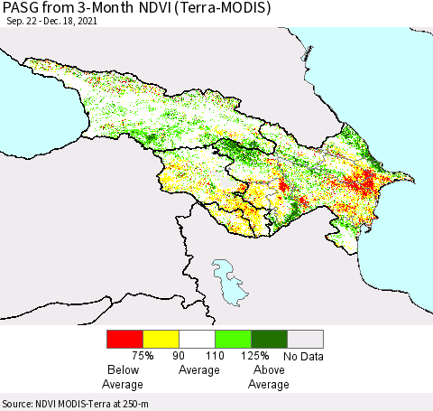 Azerbaijan, Armenia and Georgia PASG from 3-Month NDVI (Terra-MODIS) Thematic Map For 12/11/2021 - 12/18/2021