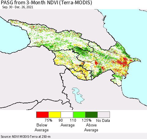 Azerbaijan, Armenia and Georgia PASG from 3-Month NDVI (Terra-MODIS) Thematic Map For 12/19/2021 - 12/26/2021