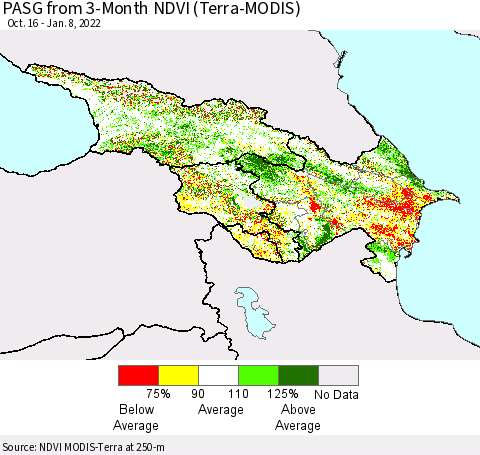 Azerbaijan, Armenia and Georgia PASG from 3-Month NDVI (Terra-MODIS) Thematic Map For 1/1/2022 - 1/8/2022