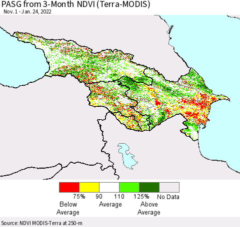 Azerbaijan, Armenia and Georgia PASG from 3-Month NDVI (Terra-MODIS) Thematic Map For 1/17/2022 - 1/24/2022
