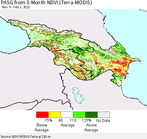 Azerbaijan, Armenia and Georgia PASG from 3-Month NDVI (Terra-MODIS) Thematic Map For 1/25/2022 - 2/1/2022