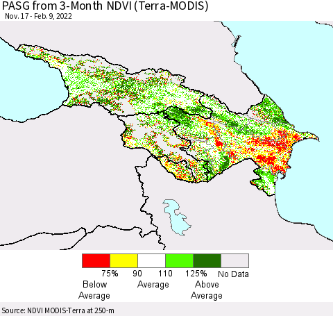 Azerbaijan, Armenia and Georgia PASG from 3-Month NDVI (Terra-MODIS) Thematic Map For 2/2/2022 - 2/9/2022
