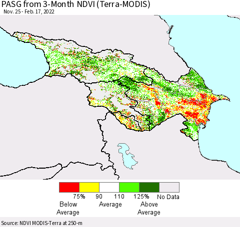 Azerbaijan, Armenia and Georgia PASG from 3-Month NDVI (Terra-MODIS) Thematic Map For 2/10/2022 - 2/17/2022