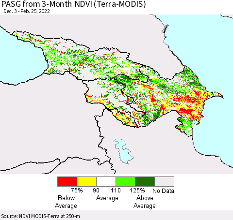 Azerbaijan, Armenia and Georgia PASG from 3-Month NDVI (Terra-MODIS) Thematic Map For 2/18/2022 - 2/25/2022