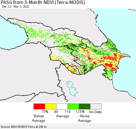 Azerbaijan, Armenia and Georgia PASG from 3-Month NDVI (Terra-MODIS) Thematic Map For 2/26/2022 - 3/5/2022
