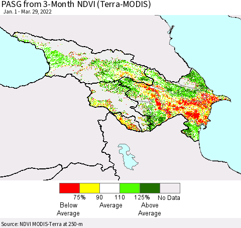 Azerbaijan, Armenia and Georgia PASG from 3-Month NDVI (Terra-MODIS) Thematic Map For 3/22/2022 - 3/29/2022