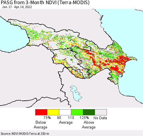 Azerbaijan, Armenia and Georgia PASG from 3-Month NDVI (Terra-MODIS) Thematic Map For 4/7/2022 - 4/14/2022