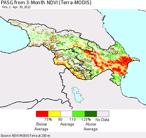 Azerbaijan, Armenia and Georgia PASG from 3-Month NDVI (Terra-MODIS) Thematic Map For 4/23/2022 - 4/30/2022