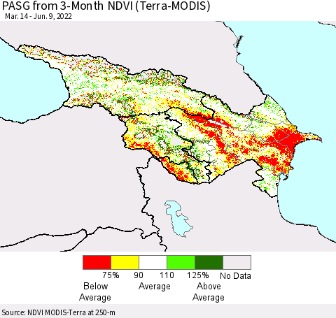 Azerbaijan, Armenia and Georgia PASG from 3-Month NDVI (Terra-MODIS) Thematic Map For 6/2/2022 - 6/9/2022