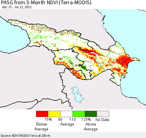 Azerbaijan, Armenia and Georgia PASG from 3-Month NDVI (Terra-MODIS) Thematic Map For 7/4/2022 - 7/11/2022