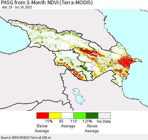 Azerbaijan, Armenia and Georgia PASG from 3-Month NDVI (Terra-MODIS) Thematic Map For 7/12/2022 - 7/19/2022