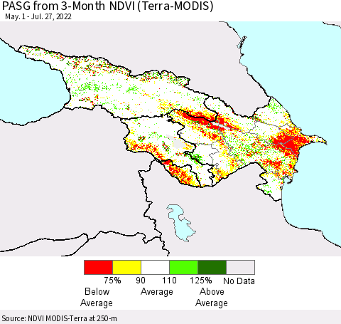 Azerbaijan, Armenia and Georgia PASG from 3-Month NDVI (Terra-MODIS) Thematic Map For 7/20/2022 - 7/27/2022