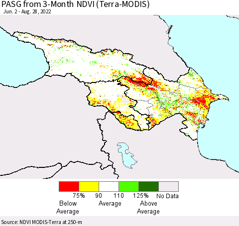 Azerbaijan, Armenia and Georgia PASG from 3-Month NDVI (Terra-MODIS) Thematic Map For 8/21/2022 - 8/28/2022