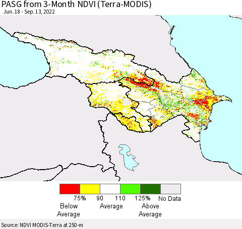 Azerbaijan, Armenia and Georgia PASG from 3-Month NDVI (Terra-MODIS) Thematic Map For 9/6/2022 - 9/13/2022
