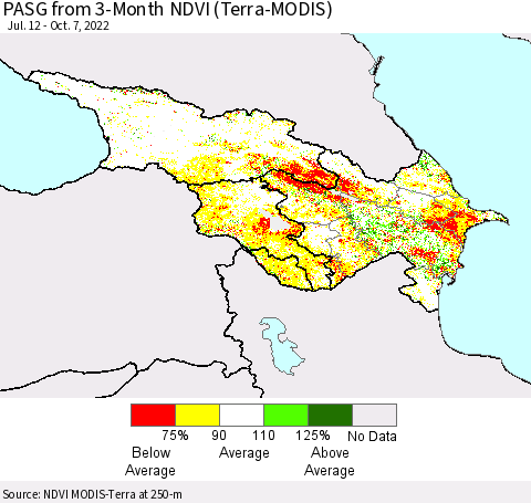Azerbaijan, Armenia and Georgia PASG from 3-Month NDVI (Terra-MODIS) Thematic Map For 9/30/2022 - 10/7/2022