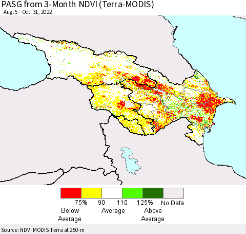 Azerbaijan, Armenia and Georgia PASG from 3-Month NDVI (Terra-MODIS) Thematic Map For 10/24/2022 - 10/31/2022