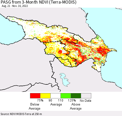 Azerbaijan, Armenia and Georgia PASG from 3-Month NDVI (Terra-MODIS) Thematic Map For 11/9/2022 - 11/16/2022