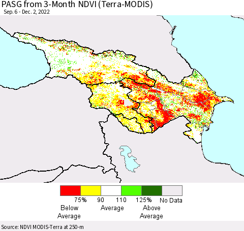 Azerbaijan, Armenia and Georgia PASG from 3-Month NDVI (Terra-MODIS) Thematic Map For 11/25/2022 - 12/2/2022