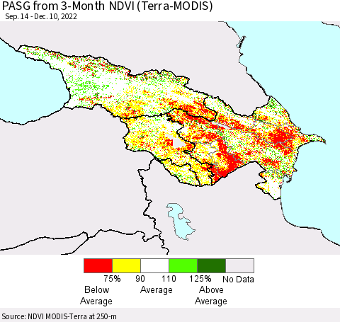 Azerbaijan, Armenia and Georgia PASG from 3-Month NDVI (Terra-MODIS) Thematic Map For 12/3/2022 - 12/10/2022
