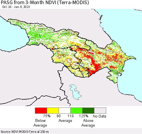 Azerbaijan, Armenia and Georgia PASG from 3-Month NDVI (Terra-MODIS) Thematic Map For 1/1/2023 - 1/8/2023