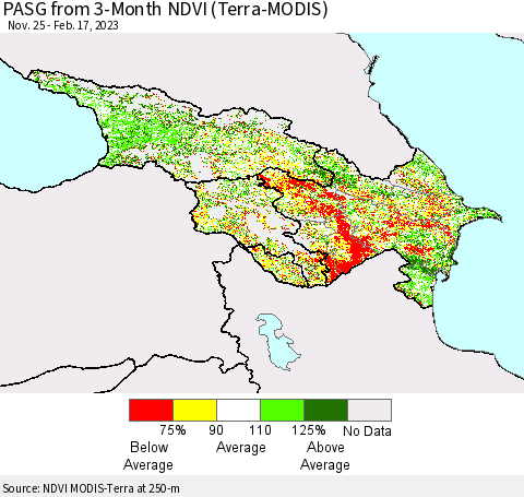 Azerbaijan, Armenia and Georgia PASG from 3-Month NDVI (Terra-MODIS) Thematic Map For 2/10/2023 - 2/17/2023