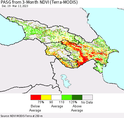 Azerbaijan, Armenia and Georgia PASG from 3-Month NDVI (Terra-MODIS) Thematic Map For 3/6/2023 - 3/13/2023