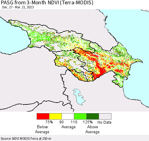 Azerbaijan, Armenia and Georgia PASG from 3-Month NDVI (Terra-MODIS) Thematic Map For 3/14/2023 - 3/21/2023
