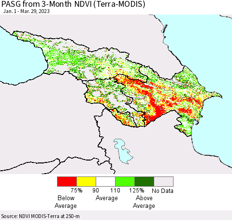 Azerbaijan, Armenia and Georgia PASG from 3-Month NDVI (Terra-MODIS) Thematic Map For 3/22/2023 - 3/29/2023