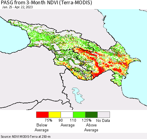 Azerbaijan, Armenia and Georgia PASG from 3-Month NDVI (Terra-MODIS) Thematic Map For 4/15/2023 - 4/22/2023
