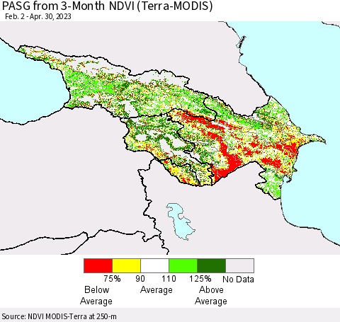 Azerbaijan, Armenia and Georgia PASG from 3-Month NDVI (Terra-MODIS) Thematic Map For 4/23/2023 - 4/30/2023