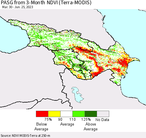 Azerbaijan, Armenia and Georgia PASG from 3-Month NDVI (Terra-MODIS) Thematic Map For 6/18/2023 - 6/25/2023