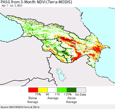 Azerbaijan, Armenia and Georgia PASG from 3-Month NDVI (Terra-MODIS) Thematic Map For 6/26/2023 - 7/3/2023
