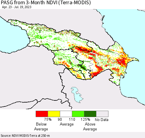 Azerbaijan, Armenia and Georgia PASG from 3-Month NDVI (Terra-MODIS) Thematic Map For 7/12/2023 - 7/19/2023
