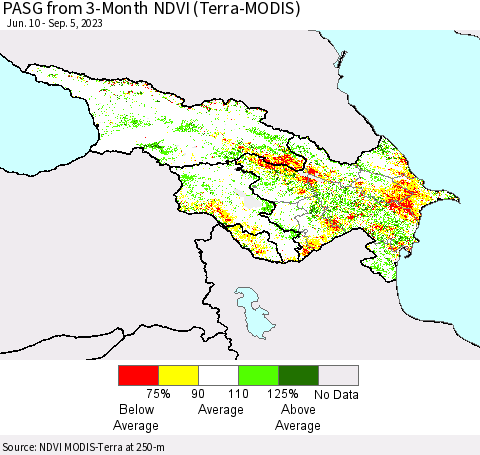 Azerbaijan, Armenia and Georgia PASG from 3-Month NDVI (Terra-MODIS) Thematic Map For 8/29/2023 - 9/5/2023