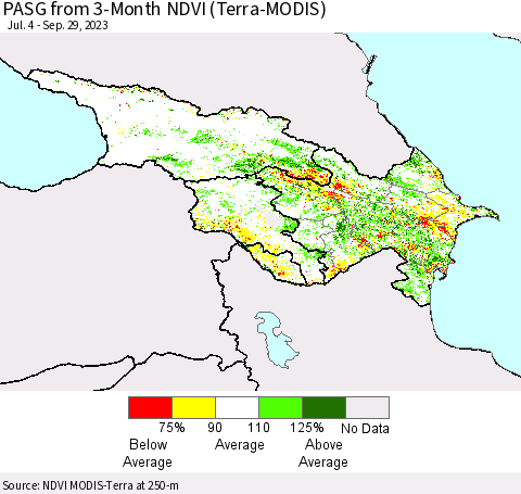 Azerbaijan, Armenia and Georgia PASG from 3-Month NDVI (Terra-MODIS) Thematic Map For 9/22/2023 - 9/29/2023