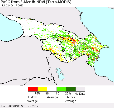 Azerbaijan, Armenia and Georgia PASG from 3-Month NDVI (Terra-MODIS) Thematic Map For 9/30/2023 - 10/7/2023