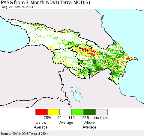 Azerbaijan, Armenia and Georgia PASG from 3-Month NDVI (Terra-MODIS) Thematic Map For 11/17/2023 - 11/24/2023