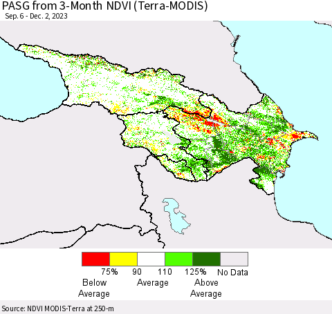 Azerbaijan, Armenia and Georgia PASG from 3-Month NDVI (Terra-MODIS) Thematic Map For 11/25/2023 - 12/2/2023