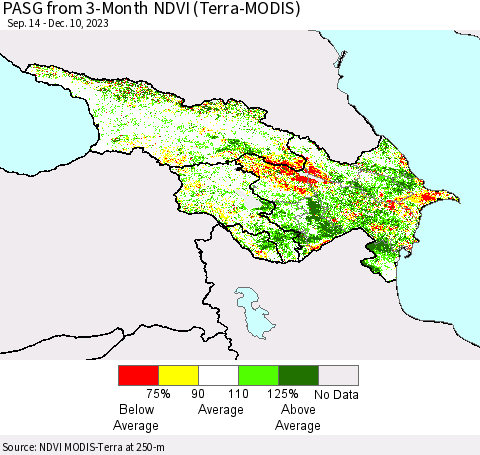 Azerbaijan, Armenia and Georgia PASG from 3-Month NDVI (Terra-MODIS) Thematic Map For 12/3/2023 - 12/10/2023