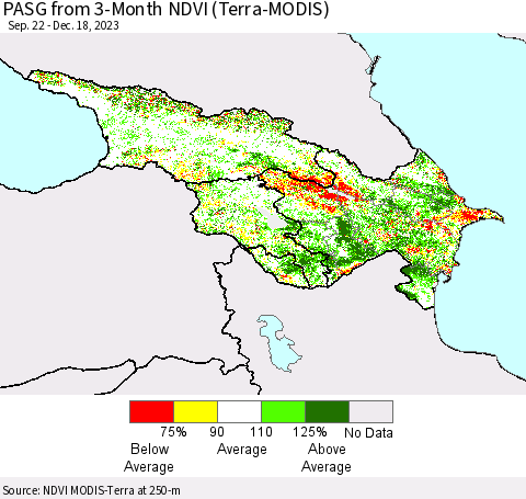 Azerbaijan, Armenia and Georgia PASG from 3-Month NDVI (Terra-MODIS) Thematic Map For 12/11/2023 - 12/18/2023