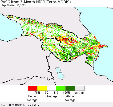Azerbaijan, Armenia and Georgia PASG from 3-Month NDVI (Terra-MODIS) Thematic Map For 12/19/2023 - 12/26/2023