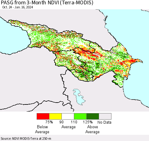 Azerbaijan, Armenia and Georgia PASG from 3-Month NDVI (Terra-MODIS) Thematic Map For 1/9/2024 - 1/16/2024