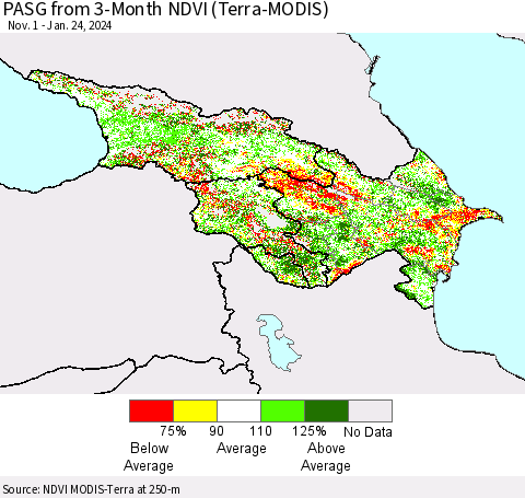 Azerbaijan, Armenia and Georgia PASG from 3-Month NDVI (Terra-MODIS) Thematic Map For 1/17/2024 - 1/24/2024