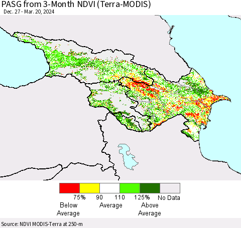 Azerbaijan, Armenia and Georgia PASG from 3-Month NDVI (Terra-MODIS) Thematic Map For 3/13/2024 - 3/20/2024