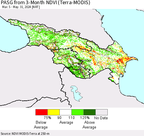 Azerbaijan, Armenia and Georgia PASG from 3-Month NDVI (Terra-MODIS) Thematic Map For 5/24/2024 - 5/31/2024