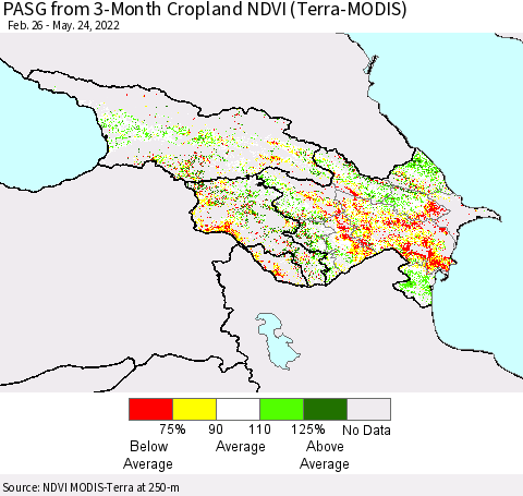 Azerbaijan, Armenia and Georgia PASG from 3-Month Cropland NDVI (Terra-MODIS) Thematic Map For 5/17/2022 - 5/24/2022