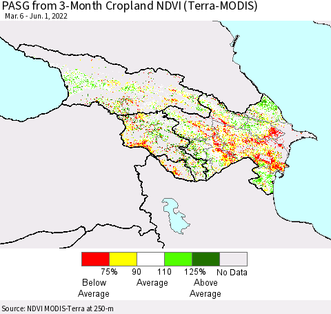 Azerbaijan, Armenia and Georgia PASG from 3-Month Cropland NDVI (Terra-MODIS) Thematic Map For 5/25/2022 - 6/1/2022