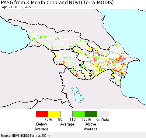 Azerbaijan, Armenia and Georgia PASG from 3-Month Cropland NDVI (Terra-MODIS) Thematic Map For 7/12/2022 - 7/19/2022