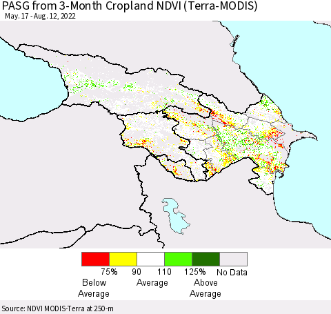 Azerbaijan, Armenia and Georgia PASG from 3-Month Cropland NDVI (Terra-MODIS) Thematic Map For 8/5/2022 - 8/12/2022